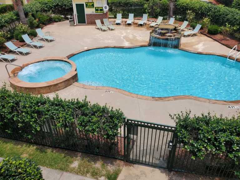 Aerial view of the pool and hot tub