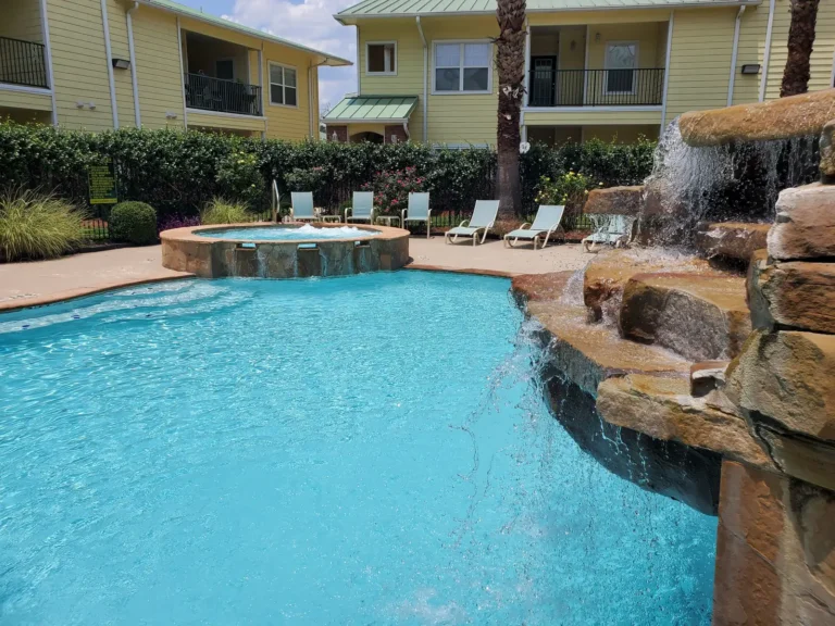 Pool waterfall and hot tub