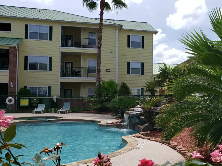 Palms and flowers by the pool